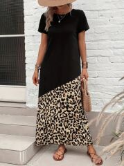 Kadın Kısa Kollu Bisiklet Yaka Leopar Detaylı Midi üst Viskon Alt Süprem Elbise