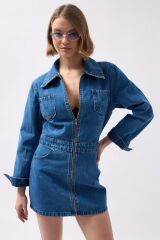 Cep Detaylı Fermuarlı Denim Elbise