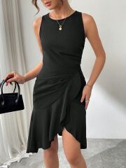 Kadın Askılı Bisiklet Yaka önden Fırfırlı Kısa Ithal Krep Elbise