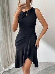 Kadın Askılı Bisiklet Yaka önden Fırfırlı Kısa Ithal Krep Elbise