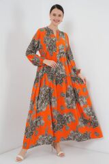 2423 Otantik Desenli Tesettür Elbise - E. Turuncu
