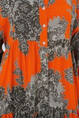 2423 Otantik Desenli Tesettür Elbise - E. Turuncu