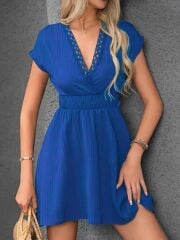 Kadın Kısa Kollu Kruvaze Yakalı Beli Lastikli Bürümcük Elbise