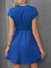 Kadın Kısa Kollu Kruvaze Yakalı Beli Lastikli Bürümcük Elbise