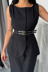 CEKET-ETEK GÖRÜNÜMLÜ ELBİSEÇİFT KEMER DETAYLI - Siyah
