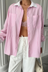 YAKA VE MANŞET BEYAZBOYFRİEND ÇİZGİLİPOPLİN GÖMLEK - Pembe