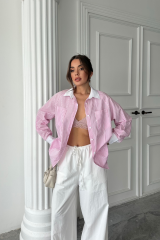 YAKA VE MANŞET BEYAZBOYFRİEND ÇİZGİLİPOPLİN GÖMLEK - Pembe