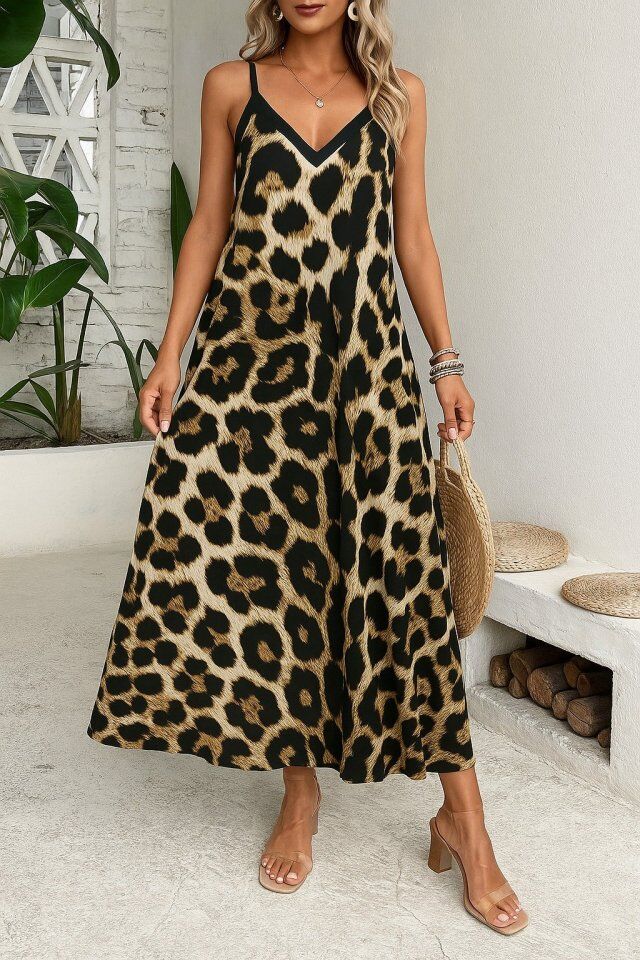 Kadın Ip Askılı Geniş V Yakalı Leopar Desenli Süprem Elbise