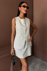 Uzun Yelek Mini Etek Flamlı Keten Takım 10148