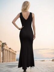 Kadın Askılı Kruvaze Yaka Yırtmaç Detaylı Janjan Krep Elbise