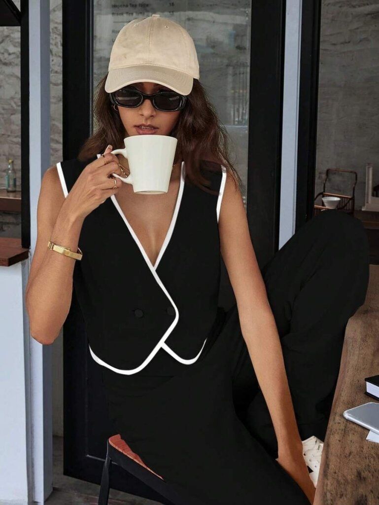 Kadın Kolsuz V Yakalı Düğmeli Ithal Krep Yelek Ve Pantolon Ikili Takım