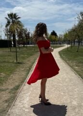 Kadın Kısa Kollu Madonna Yaka önü Kısa Arkası Uzun Ithal Krep Elbise