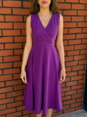 Kadın Ithal Krep Kumaş Kruvaze Yaka Eteği Kloş Kolsuz Midi Elbise