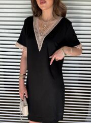 Kadın V Yaka Güpürlü İki İplik Elbise