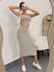Kadın Kolsuz Askılı Crop Yırtmaçlı Midi Etek Fitilli Kaşkorse Takım