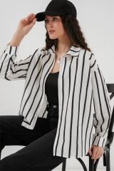 20254 Çizgili Oversize Basic Gömlek - Siyah - Beyaz