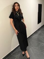 Kadın Kısa Kollu Bisiklet Yaka Yandan Bağlamalı Viskon Iki Iplik Elbise