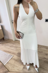 Sırt Dekolteli Uzun Kollu Elbise - Beyaz