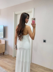 Sırt Dekolteli Uzun Kollu Elbise - Beyaz