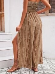 Kadın Yakası Gipe Detaylı önden Yırtmaç Detaylı Desenli Süprem Pantolun Etek Tulum