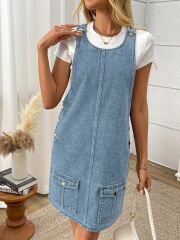 Kadın Askılı Yuvarlak Yaka A Kesim Cep Detaylı Kot Elbise