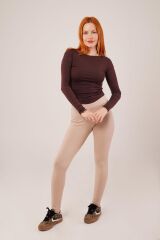 Yaka Detay Uzun Kollu Basic Kahverengi Bluz