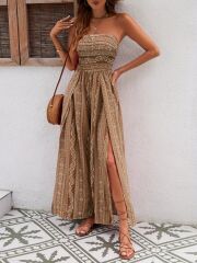 Kadın Yakası Gipe Detaylı önden Yırtmaç Detaylı Desenli Süprem Pantolun Etek Tulum