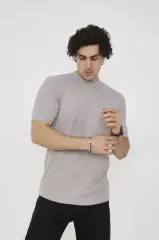 Unisex Bisiklet Yaka Slim Fit T-Shirt- Taş