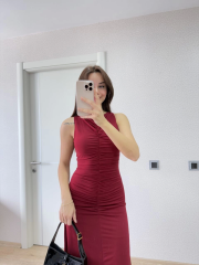 Kolsuz Büzgülü Uzun Elbise - Kırmızı