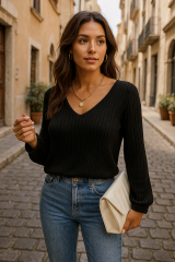 Kadın Uzun Kollu V Yakalı Pencere Sırt Dantel Detaylı Kalın Fitilli Kaşkorse Bluz