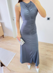 Kolsuz Büzgülü Uzun Elbise - Füme