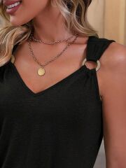 Kadın Askılı V Yaka Belden Büzgülü Aksesuar Detaylı Viskon Elbise