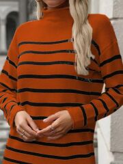 Kadın Uzun Kollu Yarım Balıkçı Yaka çizgilitriko Mini Boy Elbise (kemersiz)