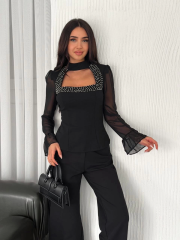 Kolları Şifon Göğüste İnci Boncuk Detaylı Bluz - Siyah