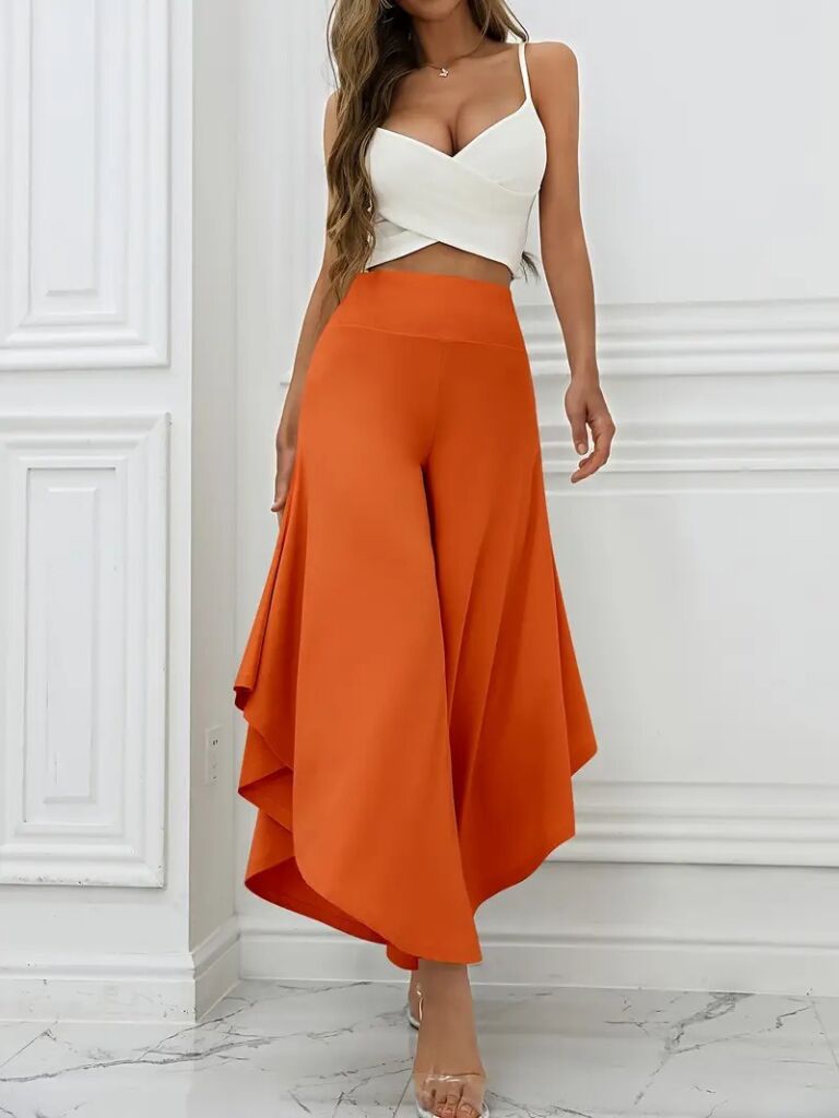 Kadın Yüksek Belli Geniş Paçalı Yanlardan Açık Sandy Pantolon