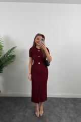 Kadın Ottoman Kumaş Likralı Düğme Tasarımlı Kısa Kol Kalem Elbise