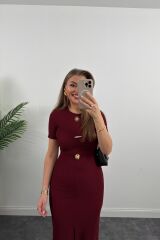 Kadın Ottoman Kumaş Likralı Düğme Tasarımlı Kısa Kol Kalem Elbise