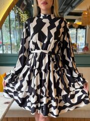 Kadın Uzun Kollu Yarı Balıkçı Yaka Geometrik Desen Kısa şardonlu Dalgıç Elbise