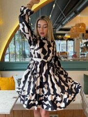 Kadın Uzun Kollu Yarı Balıkçı Yaka Geometrik Desen Kısa şardonlu Dalgıç Elbise