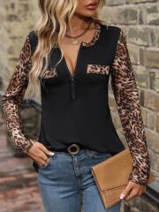 Kadın Uzun Kollu önden Fermuarlı Cepli Leopar Detaylı Viskon