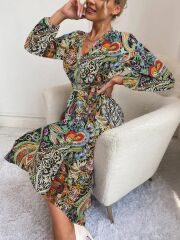 Kadın Uzun Kollu Kruvaze Yakalı Belden Kuşaklı Leopar