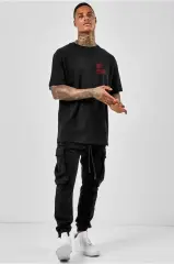 Unisex Bisiklet Yaka Oversize Baskılı T-Shirt - Siyah