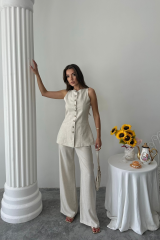 KETEN YELEK - PANTOLON TAKIM - Taş