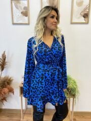 Kadın Uzun Kollu Kruvaze Yaka Belden Kuşaklı Leopar Desenli Dalgıç Elbise