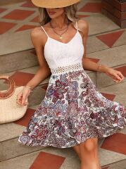 Kadın Askılı V Yakalı üst Dantel Alt Süprem Mini Elbise