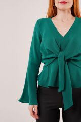 Ön Bağlamalı Volan Kol Yeşil Bluz