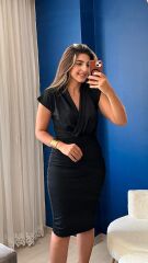 Kadın Kısa Kollu Kruvaze Yaka Krep Elbise (Kemersiz)