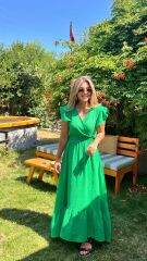 Kadın Kısa Kollu Kruvaze Yakalı Beli Lastikli Müslim Elbise