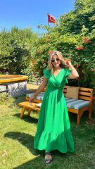 Kadın Kısa Kollu Kruvaze Yakalı Beli Lastikli Müslim Elbise