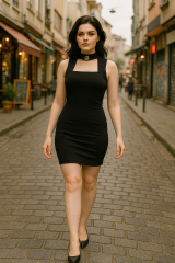 Kadın Kare Yaka Taş Detaylı Yaka Aksesuarlı Sandy Kumaş Fırsat Ürün Diz Üstü Elbise